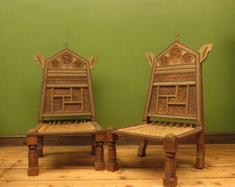 Carved North Indian Pidha Ceremonial Tribal Chairs
