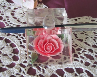 Vintage Bircraft lucite Paperweight/Pen holder pink rose office supply desk accessory organizer 1950's table decor