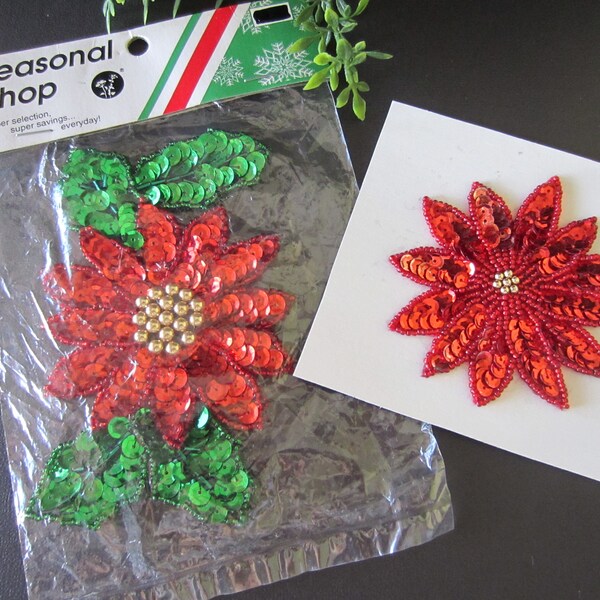 Poinsettia sequin appliques/set of 2/sewing notion/Christmas/sweater/tree skirt/stocking decoration/sew/glue on sequins and beads