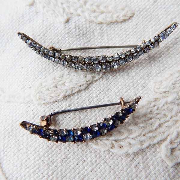 A Pair of Antique Circa Edwardian Crescent Moon Brooches set with Paste Stones - White and Blue