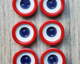 Vintage set of six red, white and blue buttons.