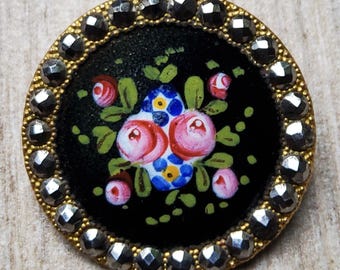 Vintage quality 1800's large hand painted enamel button.