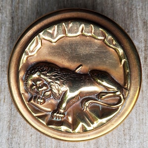 Può includere: Un bottone rotondo in ottone con un design in rilievo di un leone in un cerchio. Il leone è rivolto a sinistra e ha una criniera dettagliata. Il bottone ha una finitura dorata.