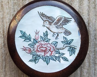 Vintage large Japanese hand engraved hardwood and mother of pearl coat button.