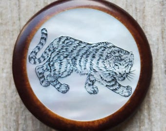 Vintage large Japanese hand engraved hardwood and mother of pearl coat button.