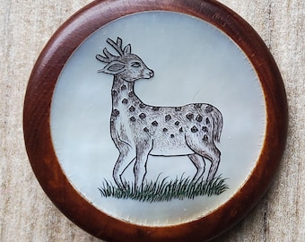 Vintage large Japanese hand engraved hardwood and mother of pearl coat button.