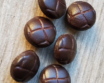 Vintage set of six 1930's brown leather waistcoat buttons.