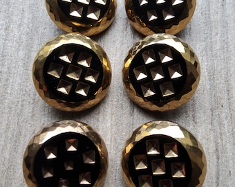 Six Vintage 1920's Czech faceted gold and black glass buttons.