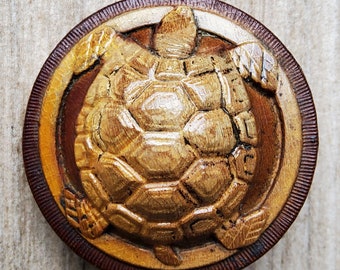 Vintage large 1930's hand carved wooden turtle button.