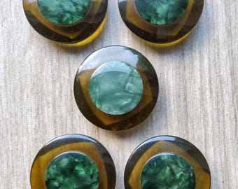 Vintage set of five large 1950&#39;s lucite and marbled green coat buttons.