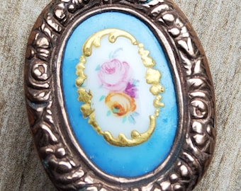 Vintage early 1900's large hand painted enamel button.