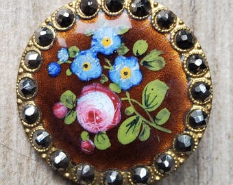 Vintage large late 1800's hand painted enamel and cut steel button.