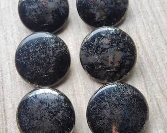 Vintage set of six black and silver glass buttons.