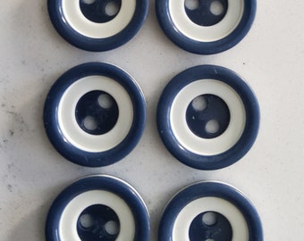Vintage 1950's set of six blue and white plastic buttons.