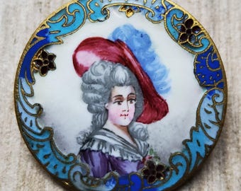 Vintage late 1800's large hand painted enamel button.