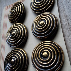 Vintage set of six 1920-30's large gold and black glass buttons. image 2