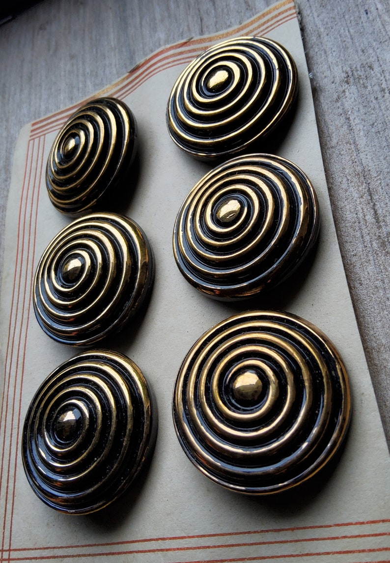 Vintage set of six 1920-30's large gold and black glass buttons. image 2