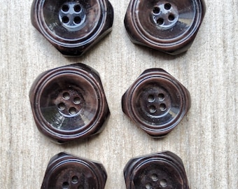 Vintage six square 1930's marbled brown plastic buttons.