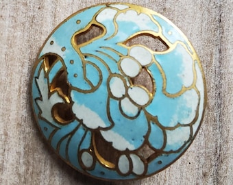 Vintage blauer und weißer Messingknopf mit vergoldeter Emaille.