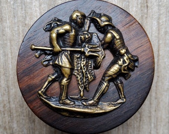 Vintage large 1900's wooden button with gladiatorial image coat button.