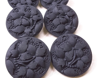 Vintage set of 6 Czech glass buttons with matt black leaf design.