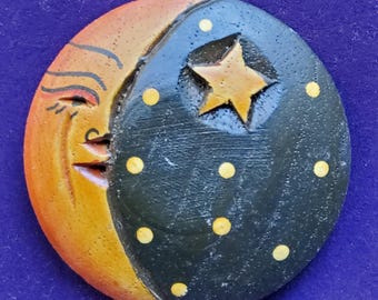 Vintage large Arts and Craft hand painted moon and stars wooden button..
