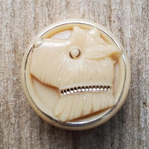 Peut inclure: Bouton rond blanc cassé avec un relief détaillé d'une tête de chien. Le chien a un pelage texturé, un petit nez et un collier argenté. Le bouton est serti dans un bord métallique argenté, créant une esthétique vintage.