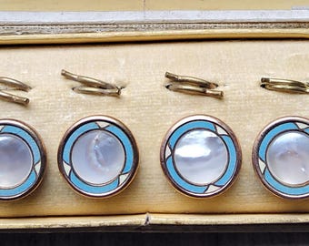 Vintage boxed set of early 1900's enamel and mother of pearl buttons.