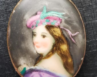 Botão de porcelana vintage pintado à mão do final do século XIX.
