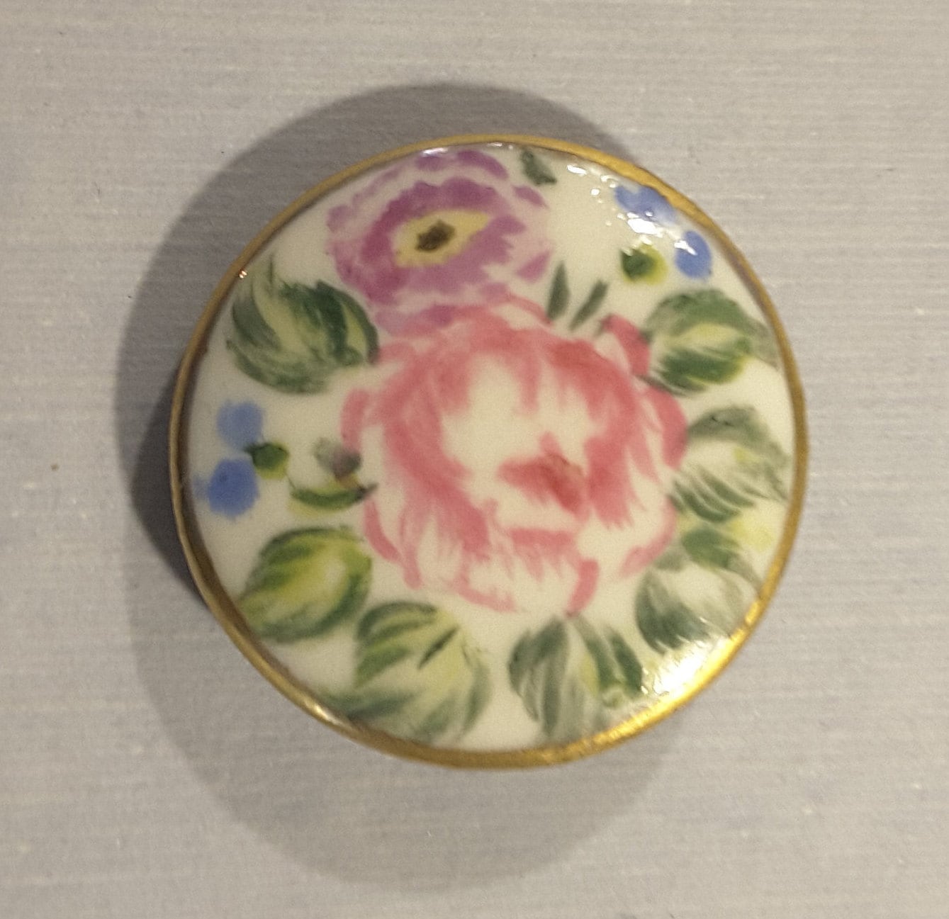Image of 1800's Porcelain Button Of Flowers With Gold Border