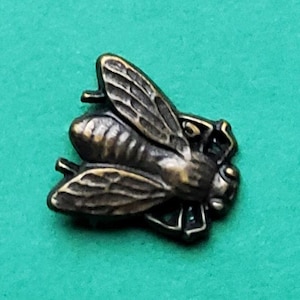 May include: A detailed, bronze-colored bee pin with textured wings and body. The bee pin is a small, decorative accessory, likely for clothing or accessories. The pin is set against a teal-colored background.