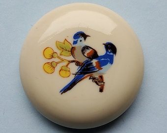 Vintage large Casein button of birds in foliage.