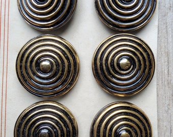 Vintage set of six 1920-30's large gold and black glass buttons.