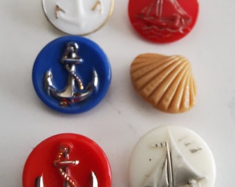 collection vintage de six boutons en verre nautique des années 1920-30.