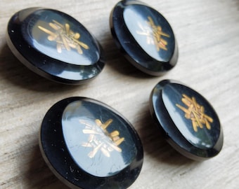 Vintage set van vier grote doorzichtige lucite en koperen knopen uit de jaren 30.