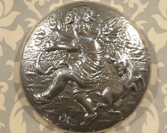 Vintage large  Edwardian Silver button of cherub and prancing doe.