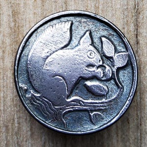 May include: A silver coin showing a squirrel holding leaves on a branch. The coin's design is detailed, with the squirrel's fur and the leaves' veins visible. The coin has a circular shape and a slightly aged look.