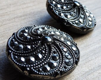 Vintage large 1920's pair silver and black glass button.