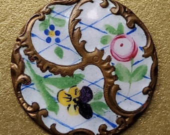 Botón francés vintage de esmalte pintado a mano de la década de 1900.