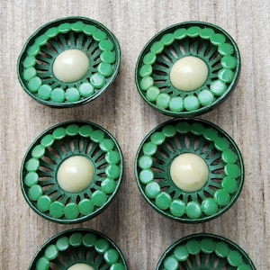 Conjunto vintage de seis delicados botões de plástico verde dos anos 1920-30.