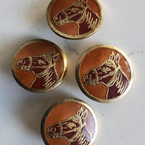 May include: Four circular buttons featuring a gold-toned metal rim and a central inlay. Each button displays a stylised horse head profile in dark red and brown enamel, outlined in gold, set against a warm orange background.