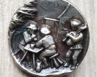 Vintage large 1930's metal pub scene picture button.