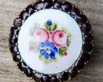 Vintage 1900's round hand painted enamel button.