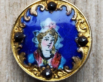 Vintage late 1800's hand painted enamel button.