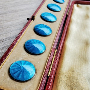 19th Century boxed set of six Silver guilloche enamel buttons.