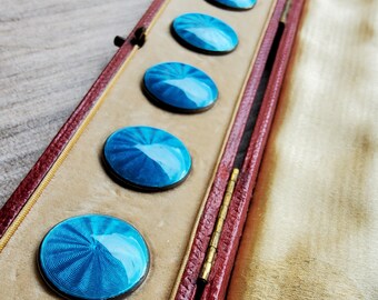 19th Century boxed set of six Silver guilloche enamel buttons.