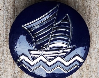 Vintage 1920's blue glass sailing boat button.