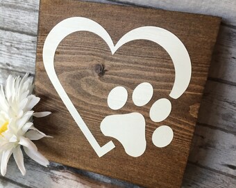 Heart and Dog Paw Print Wood Sign, Dog Decor, Gift for Dog Lovers, Gift for Pet Lovers