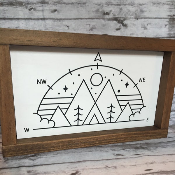 Mountains & Compass Wood Sign, Travel Decor, RV Decor, Camper Decor