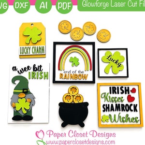 Può includere: Un set di file di taglio laser a tema San Patrizio per l'artigianato. Il set include un gnomo, un pentolone d'oro, un trifoglio, un arcobaleno e un'etichetta che dice "Lucky Charm".
